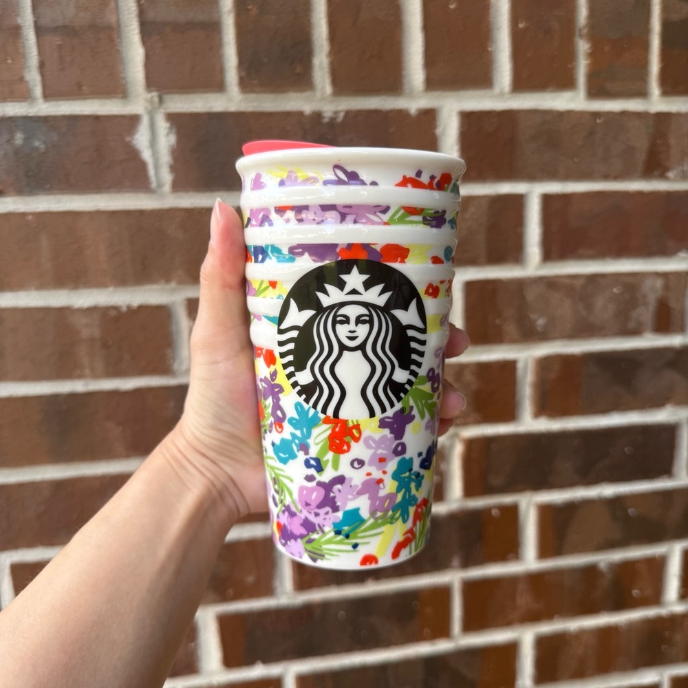 Starbucks Colorful Floral Print Ceramic Coffee Tea Mug Cup with Lid NWOT